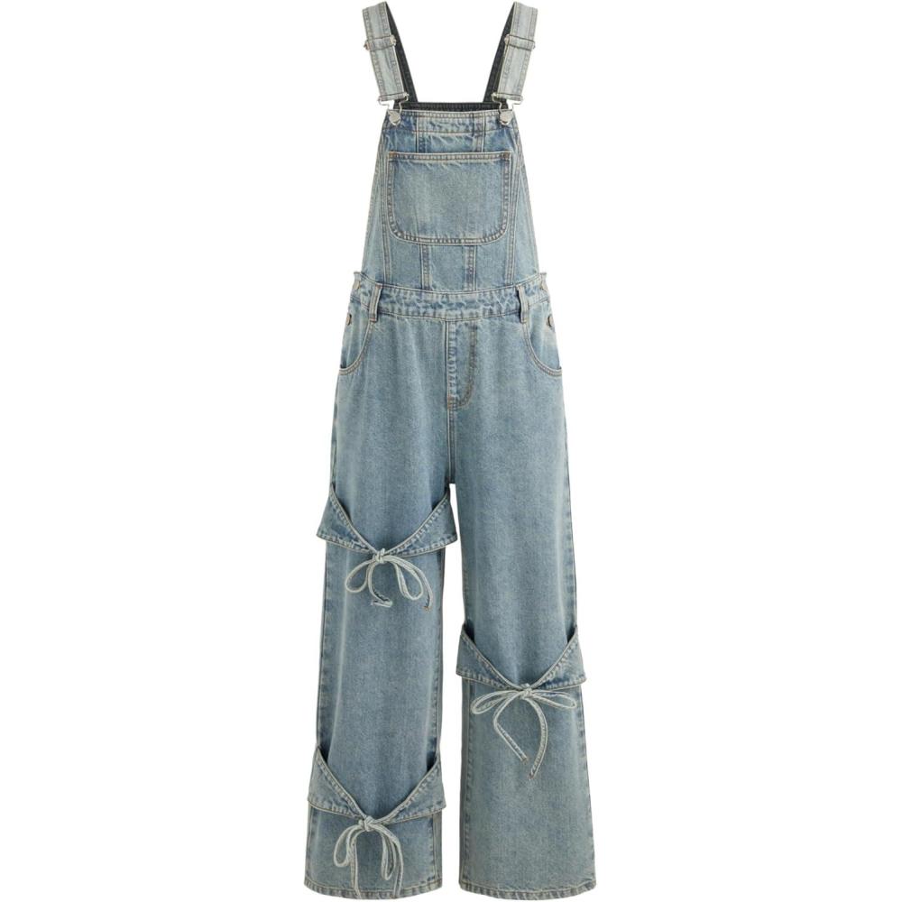 imageCIDER Overalls for Women Denim Bow knot Jumpsuits Adjusable Strap Jean Overall with PocketsBlue
