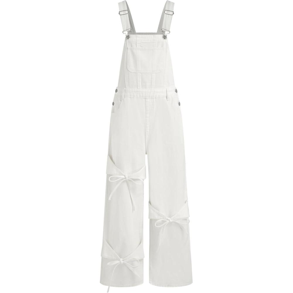 imageCIDER Overalls for Women Denim Bow knot Jumpsuits Adjusable Strap Jean Overall with PocketsWhite