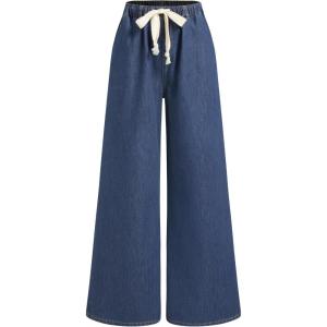 CIDER Drawstring Wide Leg Jeans for Women High Waisted Baggy Jeans Denim Pants with Pockets(Dark Navy (Size Up))