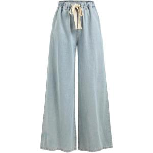 CIDER Drawstring Wide Leg Jeans for Women High Waisted Baggy Jeans Denim Pants with Pockets(Denim (Size Up))