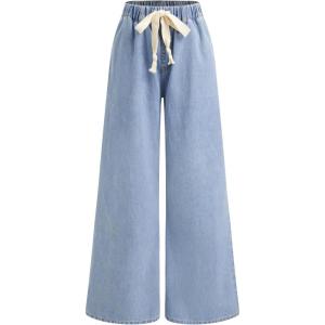 CIDER Drawstring Wide Leg Jeans for Women High Waisted Baggy Jeans Denim Pants with Pockets(Sky Blue (Size Up))