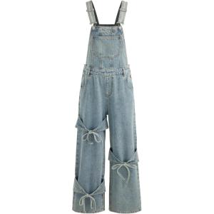 CIDER Overalls for Women Denim Bow knot Jumpsuits Adjusable Strap Jean Overall with Pockets(Blue)