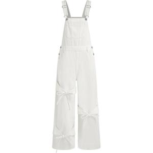 CIDER Overalls for Women Denim Bow knot Jumpsuits Adjusable Strap Jean Overall with Pockets(White)