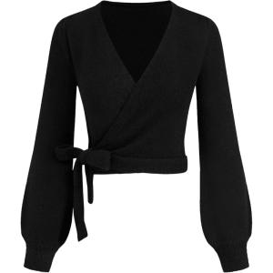 CIDER Knitted V-Neck Solid Knotted Wrap Cardigan(Black)