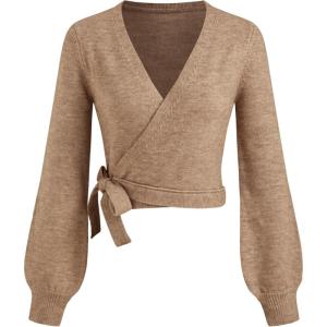 CIDER Knitted V-Neck Solid Knotted Wrap Cardigan(Tan)