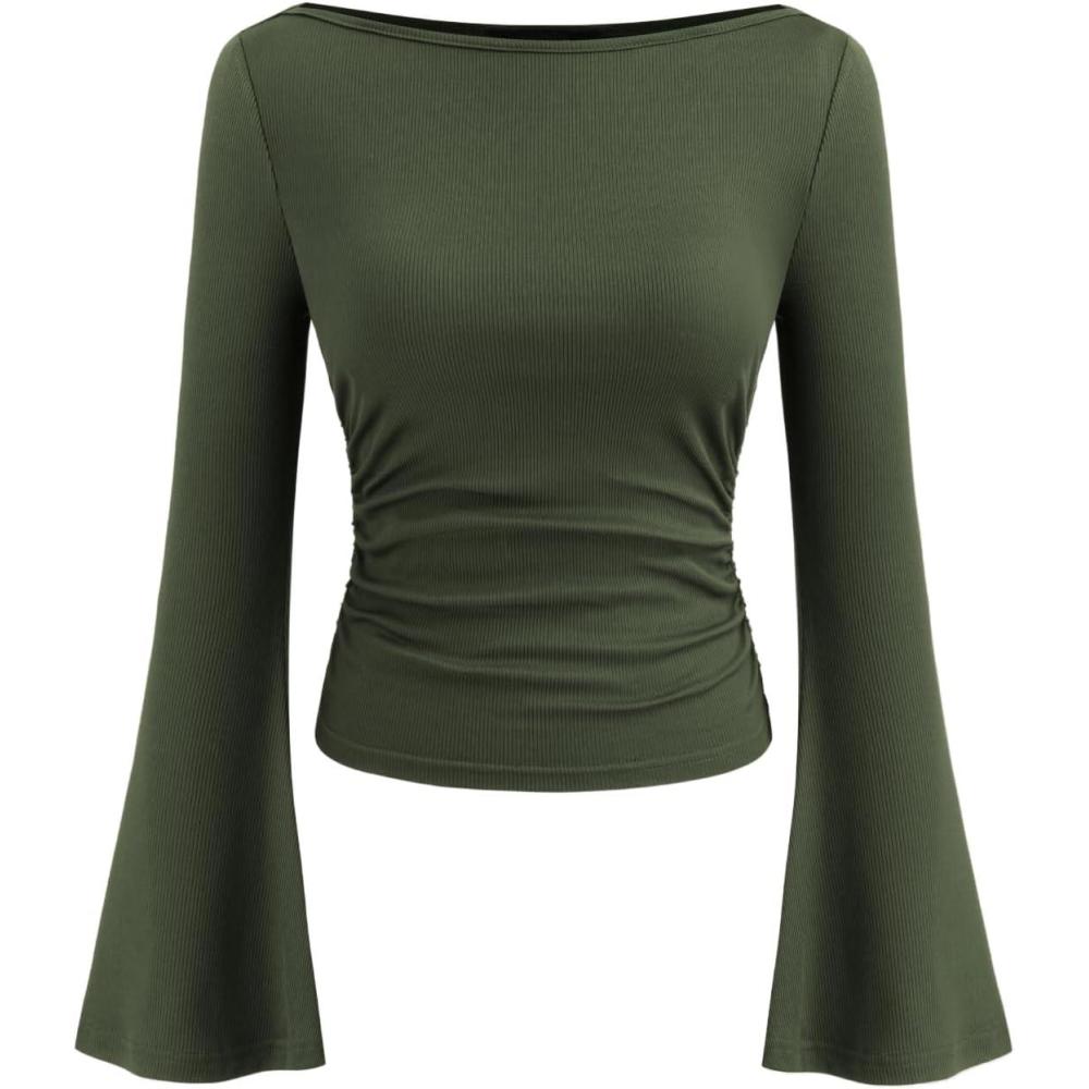imageCIDER Boat Neck Solid Ruched Long Sleeve TeeOlive Green