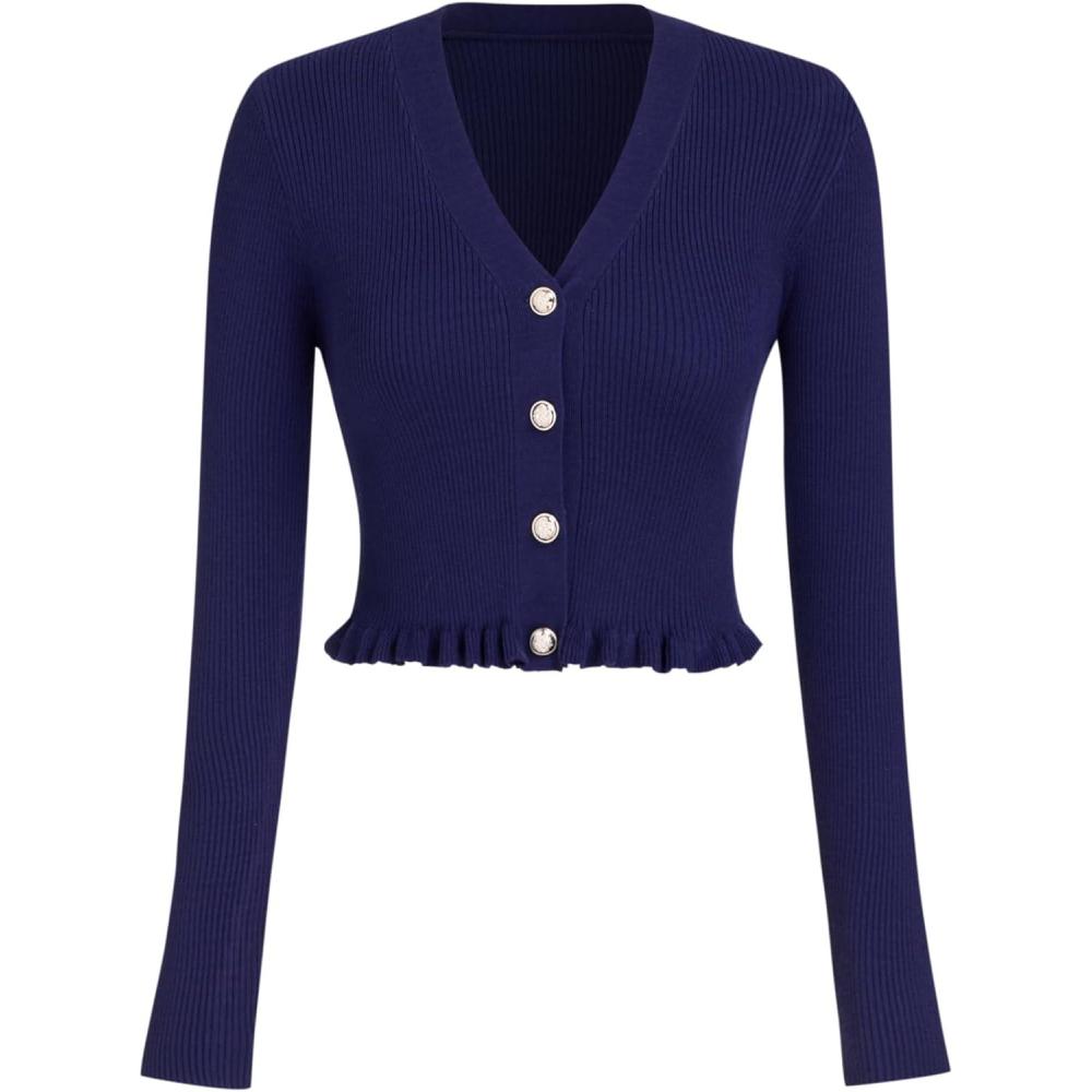 imageCIDER Womens VNeck Solid Button Knitted Crop TopBlue