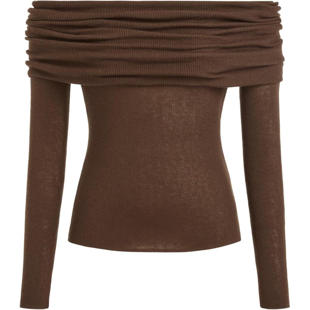 imageCIDER WoolBlend OffShoulder Ruched Knit Long Sleeve TopCoffee