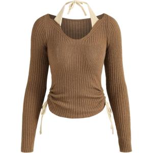 CIDER Two Tone Rib Knit Halter Drawstring Top(Camel)