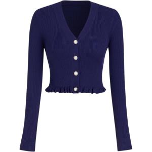 CIDER Women’s V-Neck Solid Button Knitted Crop Top(Blue)