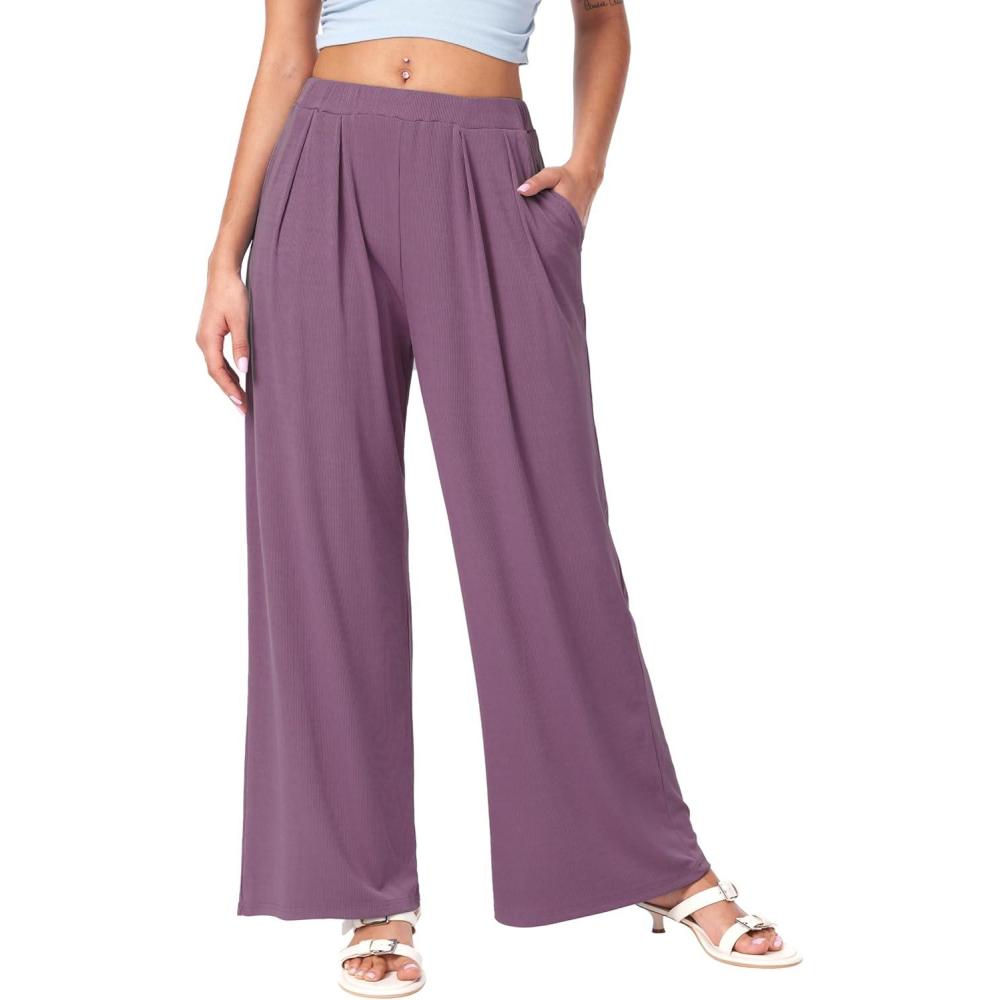 imageCIDER Palazzo Pants for Women Wide Leg Flowy Pants with Pockets Elastic Mid Waist Summer Beach Vacation Outfits LightweightPurple