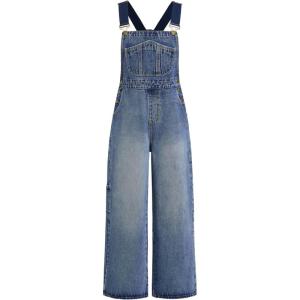 CIDER Overalls for Women Denim Leopard Pocket Buckle Up Wide Leg Jumpsuit(Blue)