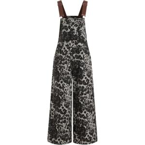 CIDER Overalls for Women Denim Leopard Pocket Buckle Up Wide Leg Jumpsuit(Grey)
