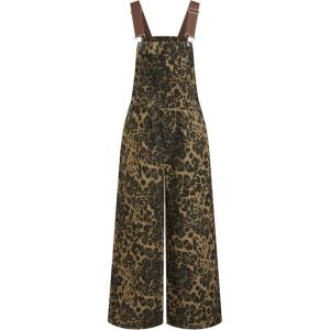 CIDER Overalls for Women Denim Leopard Pocket Buckle Up Wide Leg Jumpsuit(Tan)
