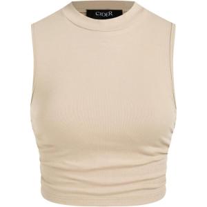 CIDER Plus Size Tops for Women Sleeveless Ruched Crew Neck Crop Tank Top Summer Casual Outfits(Beige)