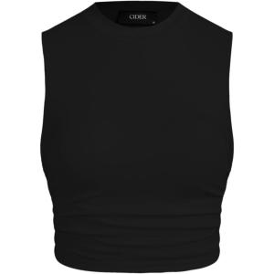 CIDER Plus Size Tops for Women Sleeveless Ruched Crew Neck Crop Tank Top Summer Casual Outfits(Black)