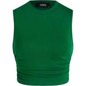 CIDER Plus Size Tops for Women Sleeveless Ruched Crew Neck Crop Tank Top Summer Casual Outfits(Emerald Green)