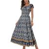 OSTOO Robe Longue d&rsquo;été 2025 à Volants Style bohème à Volants pour Femme(Motif Floral Bleu.)