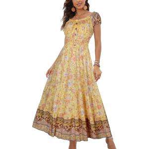 OSTOO Robe Longue d&rsquo;été 2025 à Volants Style bohème à Volants pour Femme(Motif À Fleurs – Jaune)