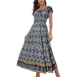 OSTOO Robe Longue d&rsquo;été 2025 à Volants Style bohème à Volants pour Femme(Motif Floral Bleu.)
