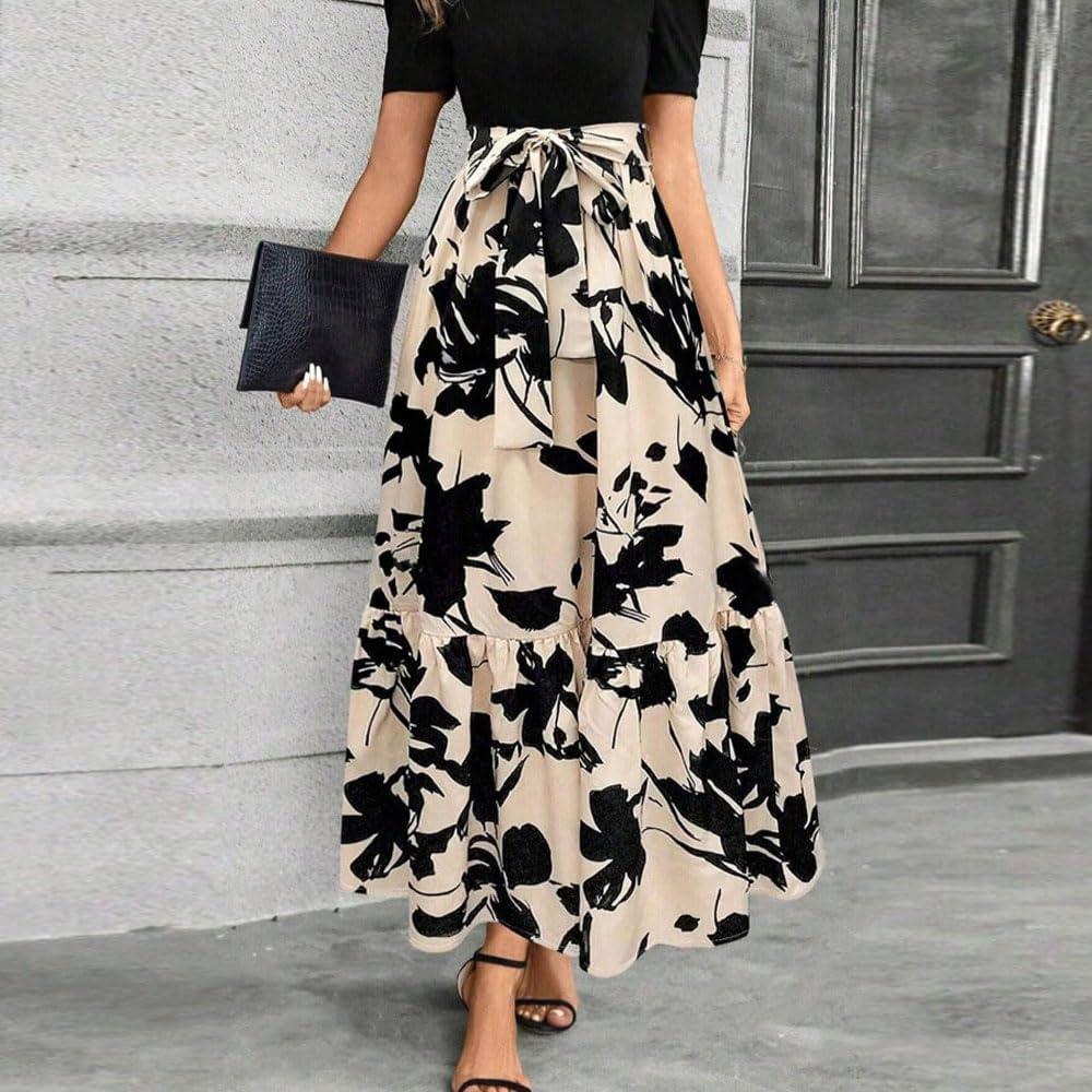 imageRobe Femme Fleurs Manches Longues Col Rond Bodycon Chic et lgante Boho Longue Casual Vacances Robes de PlageNoir