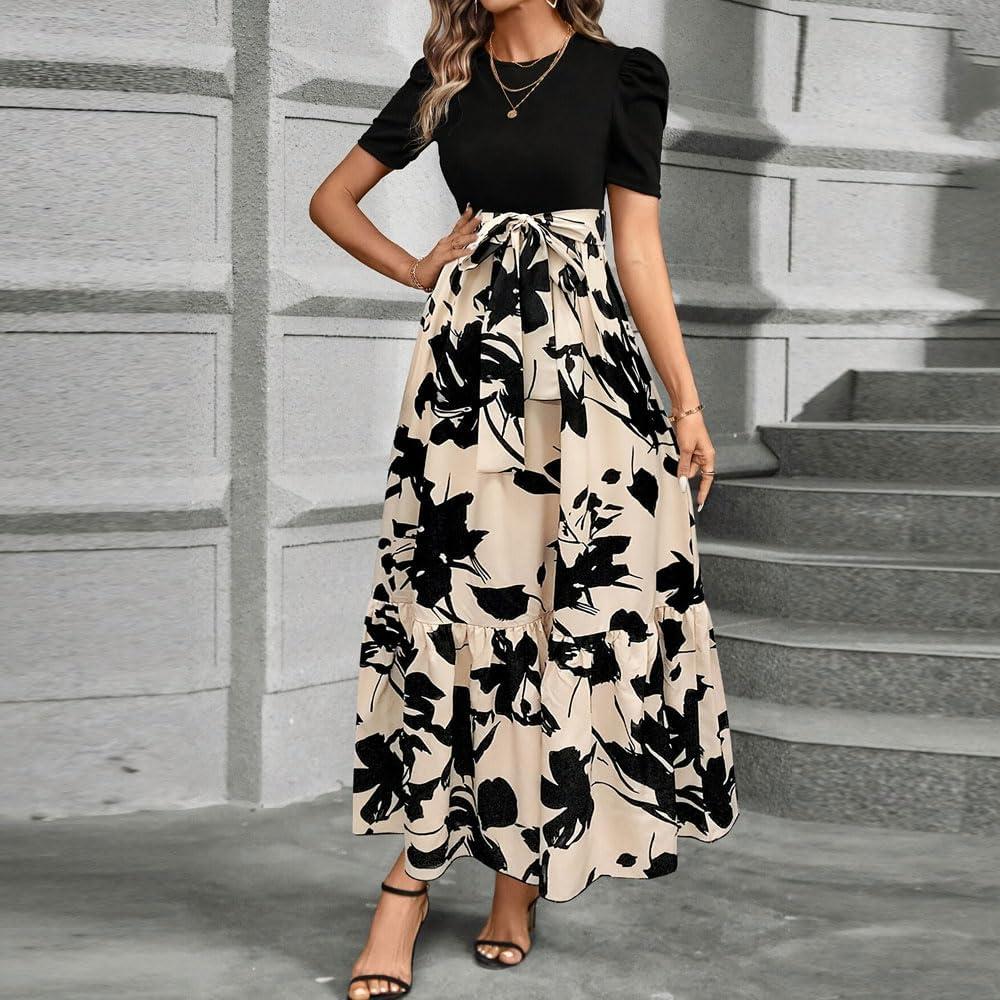 imageRobe Femme Fleurs Manches Longues Col Rond Bodycon Chic et lgante Boho Longue Casual Vacances Robes de PlageNoir