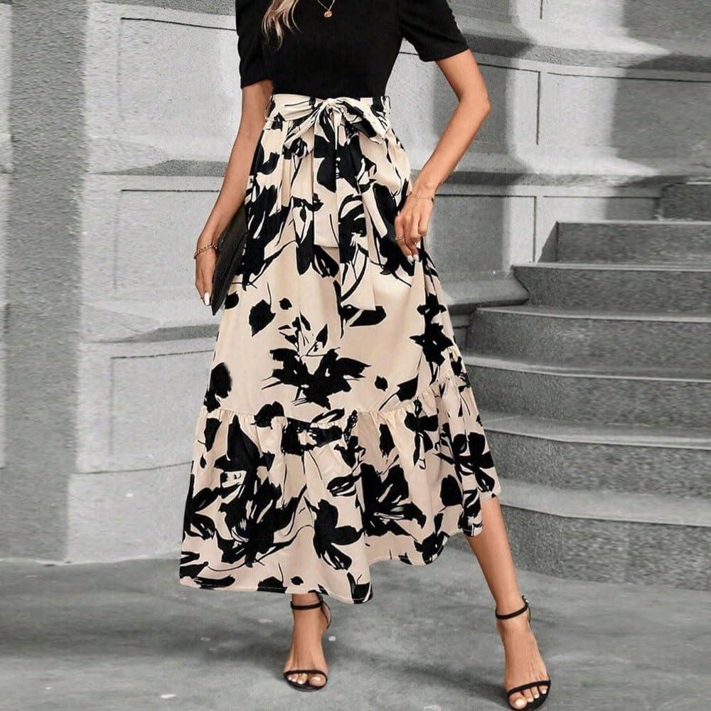 imageRobe Femme Fleurs Manches Longues Col Rond Bodycon Chic et lgante Boho Longue Casual Vacances Robes de PlageNoir