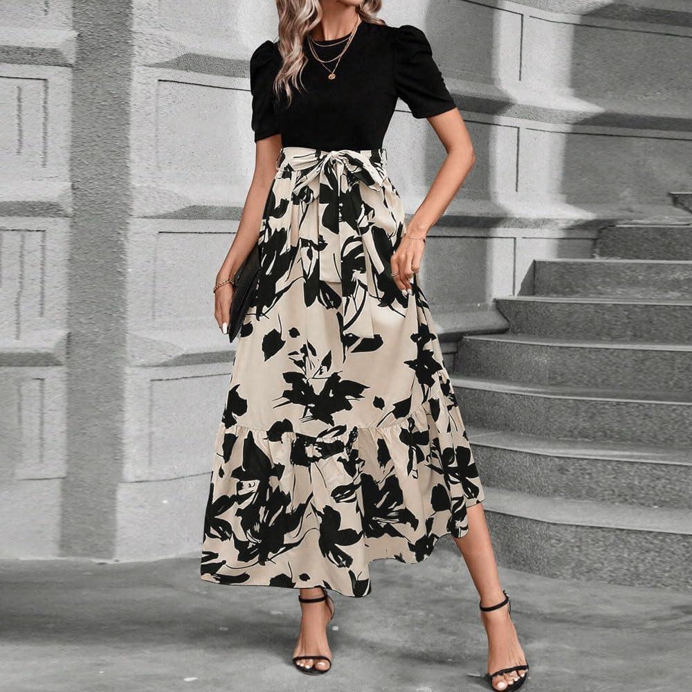 imageRobe Femme Fleurs Manches Longues Col Rond Bodycon Chic et lgante Boho Longue Casual Vacances Robes de PlageNoir