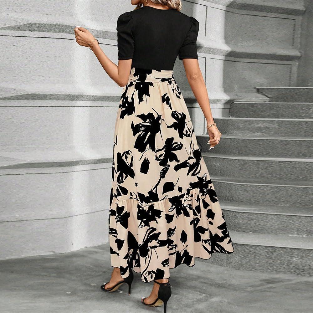 imageRobe Femme Fleurs Manches Longues Col Rond Bodycon Chic et lgante Boho Longue Casual Vacances Robes de PlageNoir