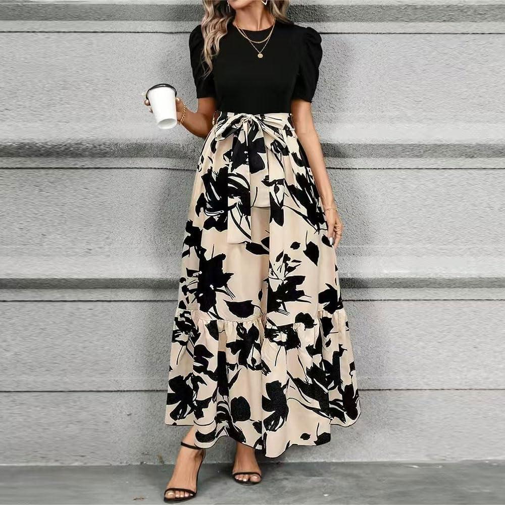 imageRobe Femme Fleurs Manches Longues Col Rond Bodycon Chic et lgante Boho Longue Casual Vacances Robes de PlageNoir