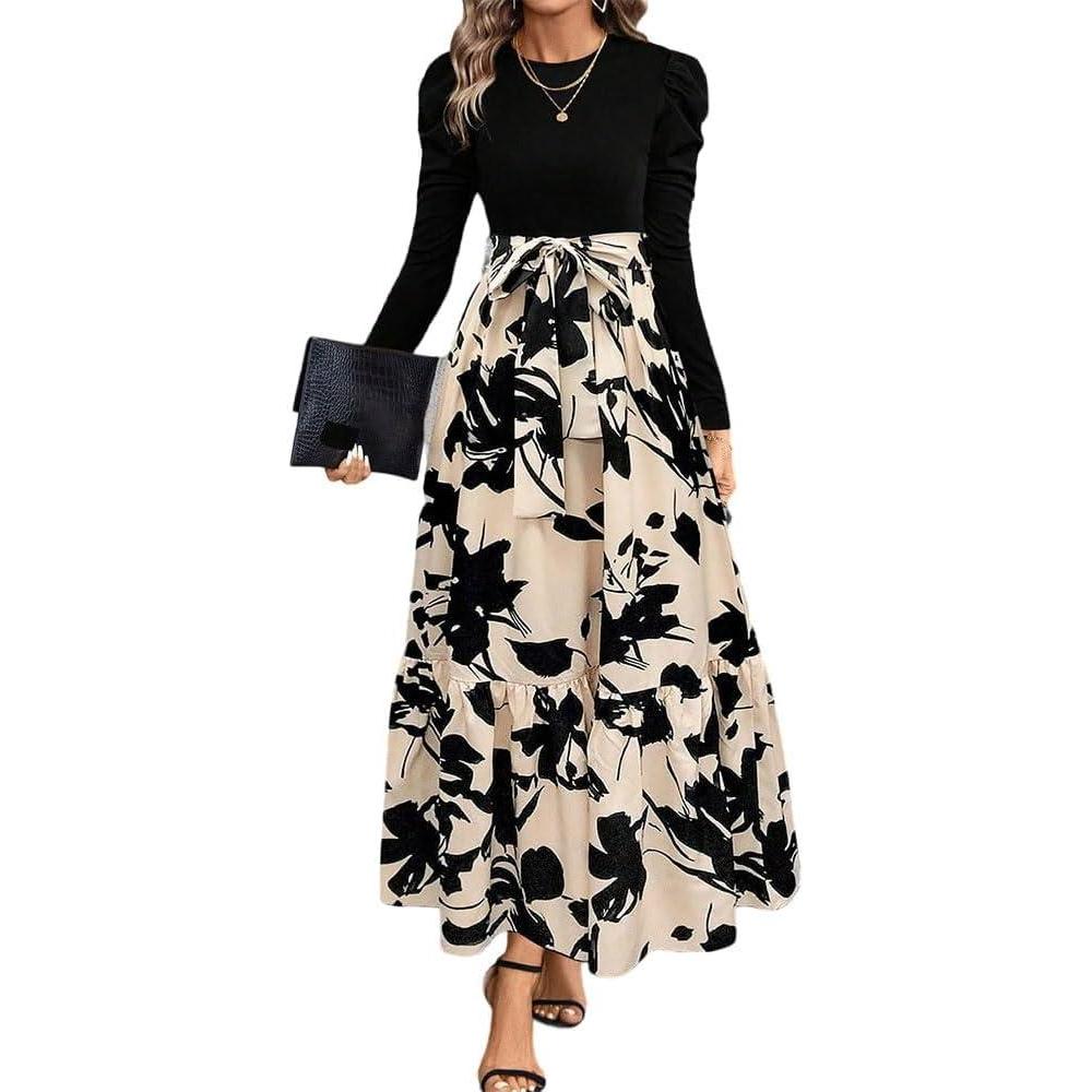 imageRobe Femme Fleurs Manches Longues Col Rond Bodycon Chic et lgante Boho Longue Casual Vacances Robes de PlageManches Longuesbeige