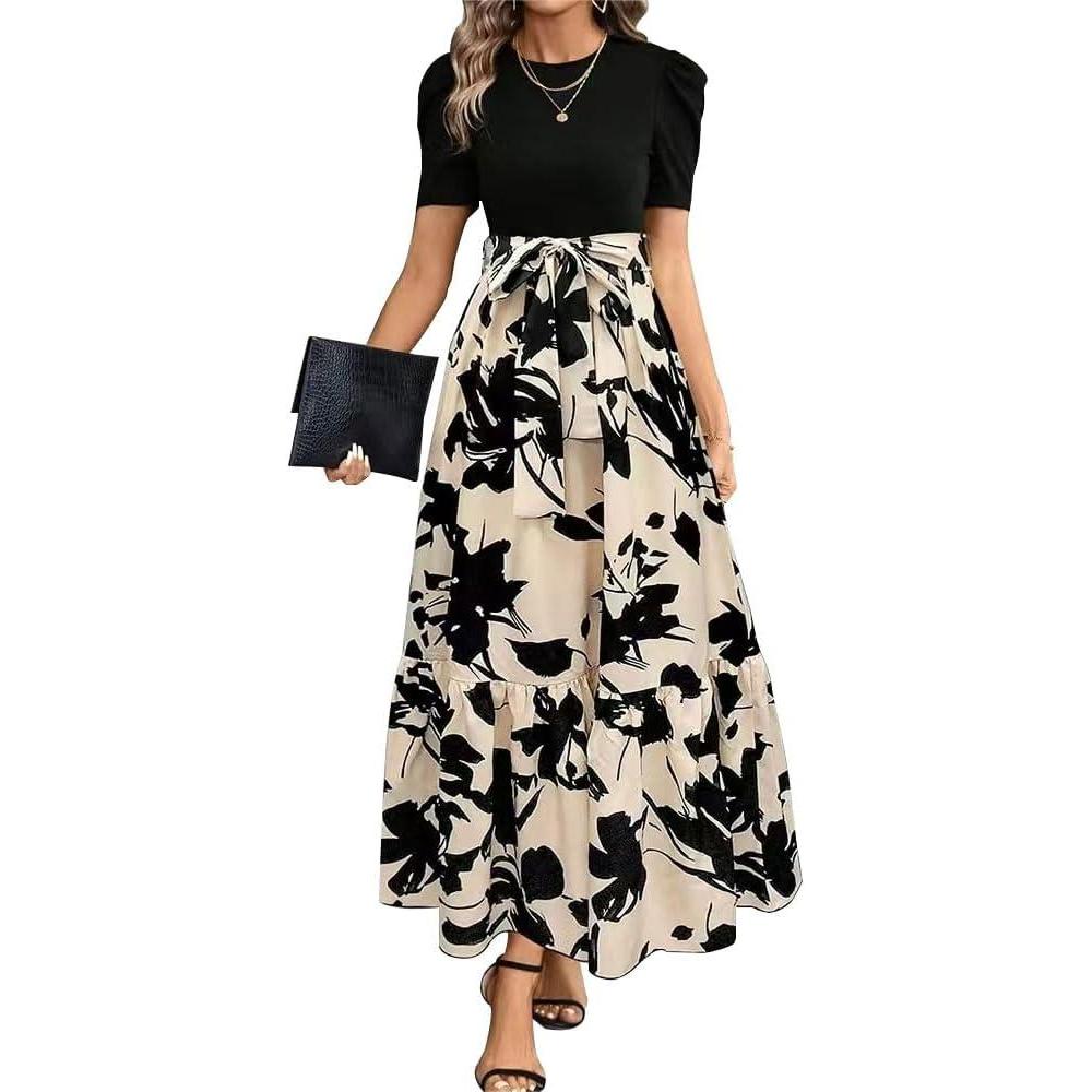 imageRobe Femme Fleurs Manches Longues Col Rond Bodycon Chic et lgante Boho Longue Casual Vacances Robes de PlageNoir