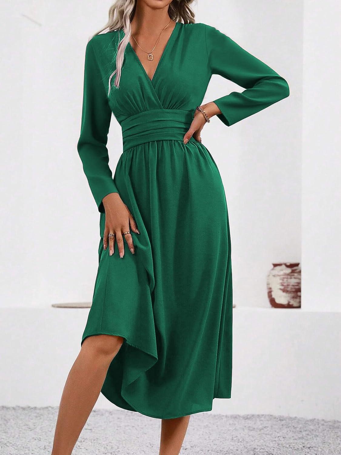 imageRobe Hivert Femme lgante Col en V Manches LonguesCourtes Robes Casual Solide Taille Haute Ligne A Robe Longue Dress de Mariage DcontracteBvert