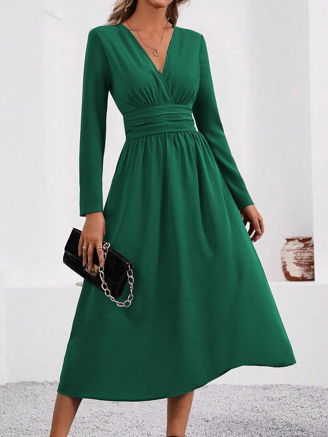 imageRobe Hivert Femme lgante Col en V Manches LonguesCourtes Robes Casual Solide Taille Haute Ligne A Robe Longue Dress de Mariage DcontracteBvert