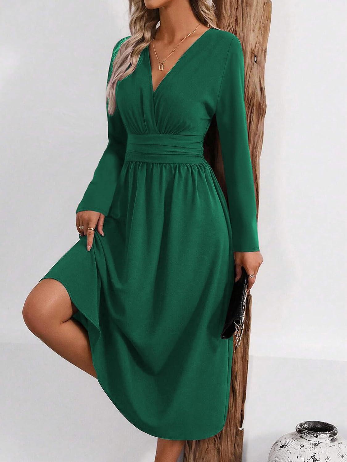 imageRobe Hivert Femme lgante Col en V Manches LonguesCourtes Robes Casual Solide Taille Haute Ligne A Robe Longue Dress de Mariage DcontracteBvert