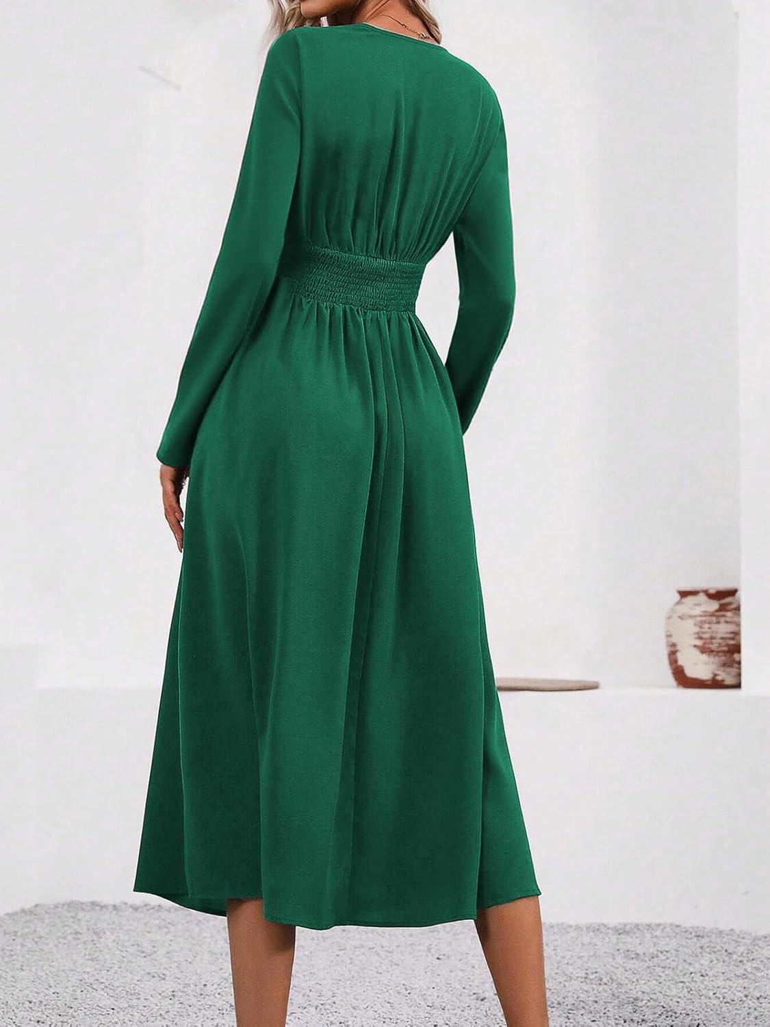 imageRobe Hivert Femme lgante Col en V Manches LonguesCourtes Robes Casual Solide Taille Haute Ligne A Robe Longue Dress de Mariage DcontracteBvert