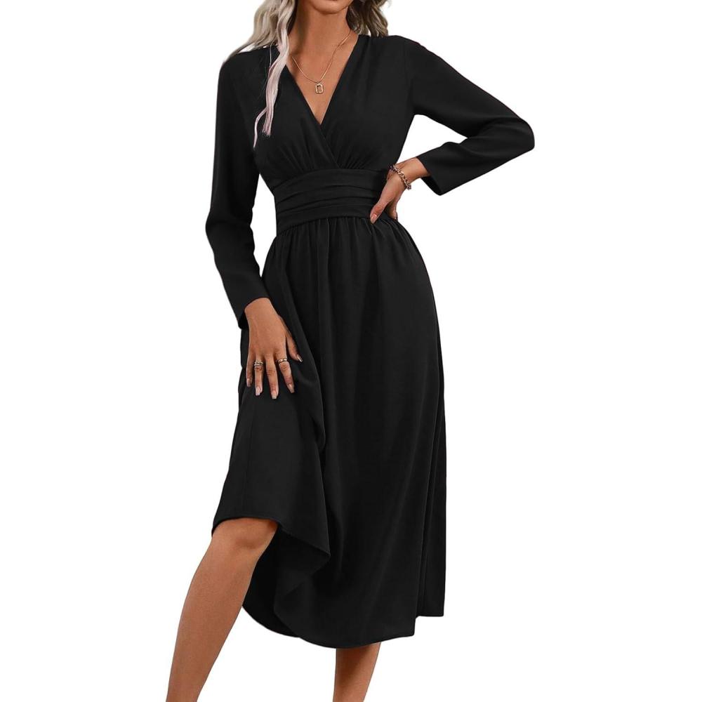 imageRobe Hivert Femme lgante Col en V Manches LonguesCourtes Robes Casual Solide Taille Haute Ligne A Robe Longue Dress de Mariage DcontracteBnoir