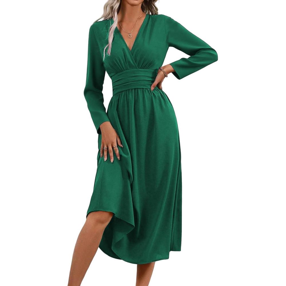 imageRobe Hivert Femme lgante Col en V Manches LonguesCourtes Robes Casual Solide Taille Haute Ligne A Robe Longue Dress de Mariage DcontracteBvert