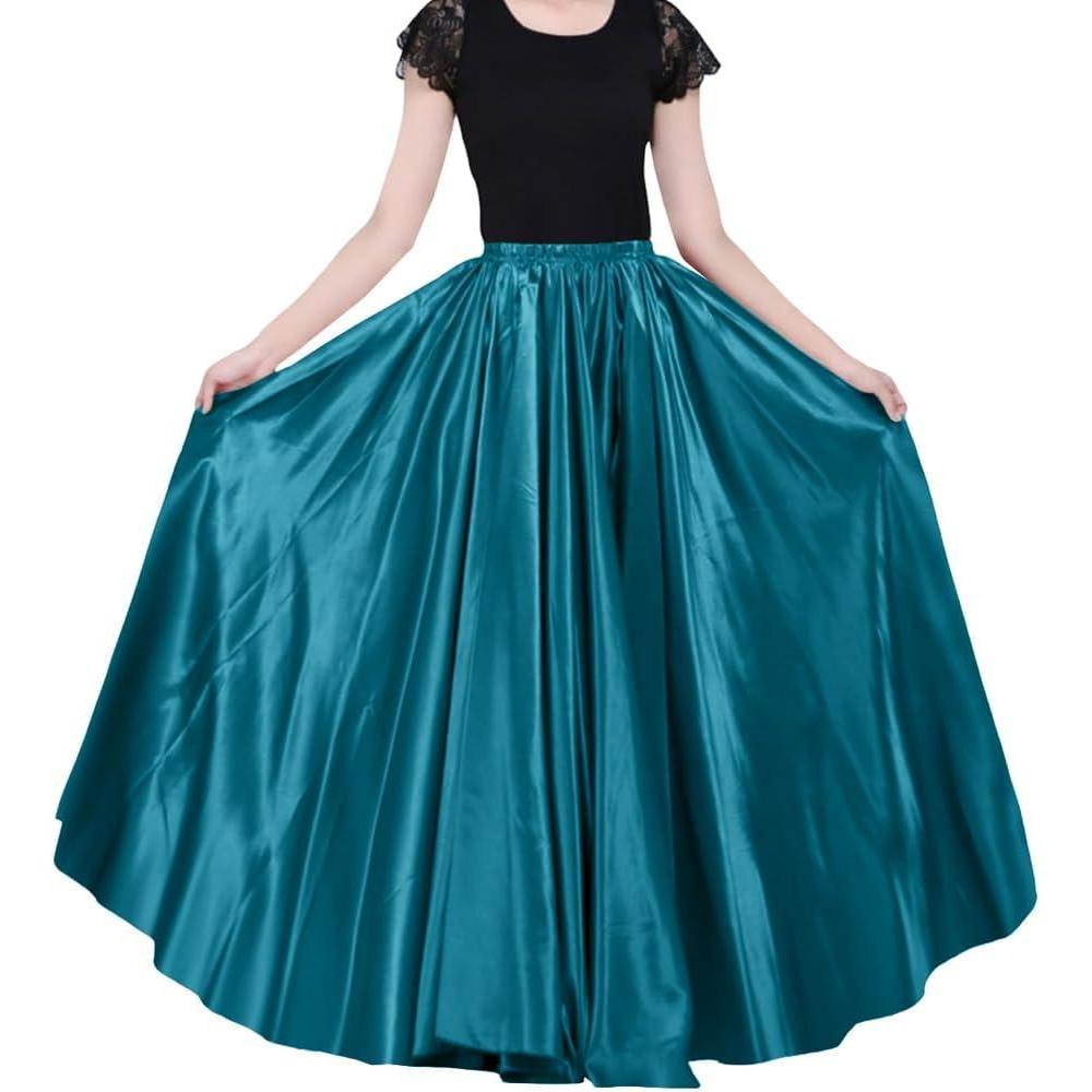 imageRobe Longue en Satin pour Femme 90 cm Taille lastique Grand Effet de scneBleu Paon