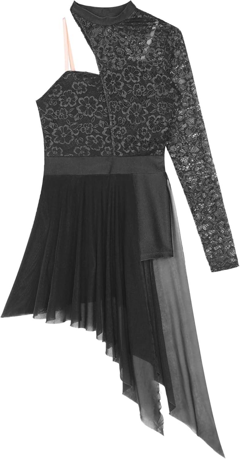 imageTiaoBug Femme Robe Danse Classique Asymtrique Robe Ballet Une Manche Longue Tenue de Patinage Artistique Justaucorps Latine Jazz Tango Costume Comptition SXLNoir A