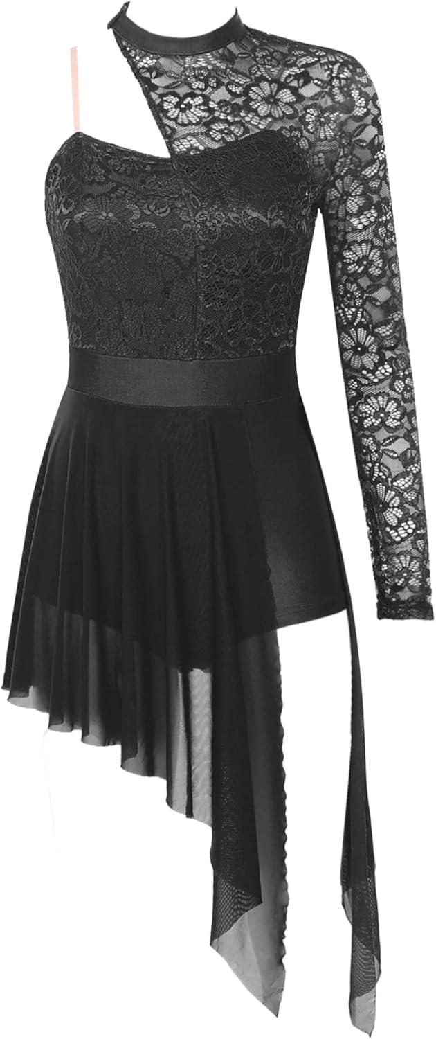 imageTiaoBug Femme Robe Danse Classique Asymtrique Robe Ballet Une Manche Longue Tenue de Patinage Artistique Justaucorps Latine Jazz Tango Costume Comptition SXLNoir A