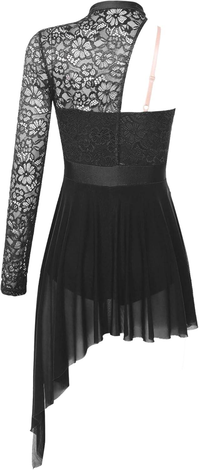 imageTiaoBug Femme Robe Danse Classique Asymtrique Robe Ballet Une Manche Longue Tenue de Patinage Artistique Justaucorps Latine Jazz Tango Costume Comptition SXLNoir A