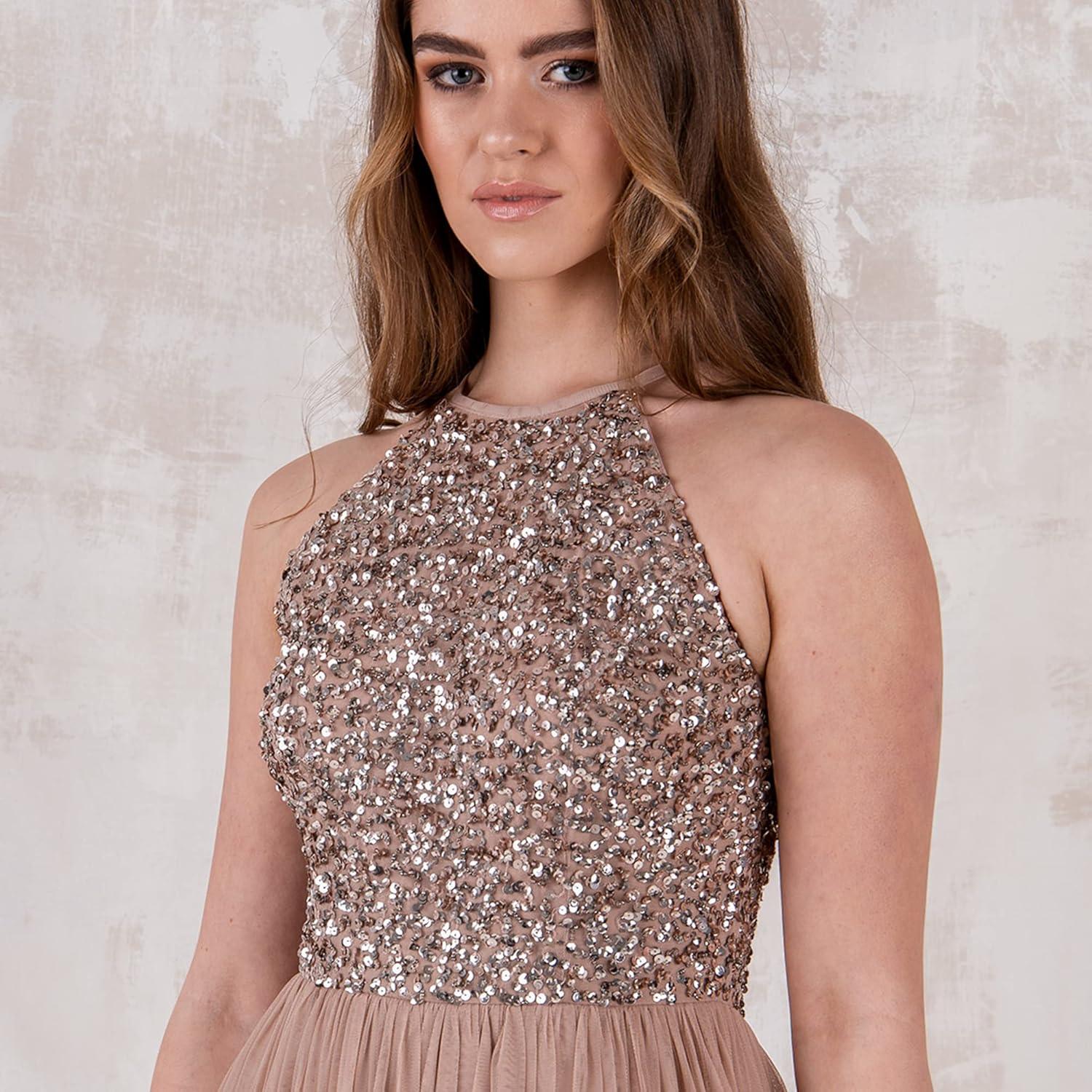 imageMaya Deluxe de Soire Femme Maxi Col Licou de Soire Paillettes Robe Longue Femme pour Bal de Promo MariageBlush Taupe