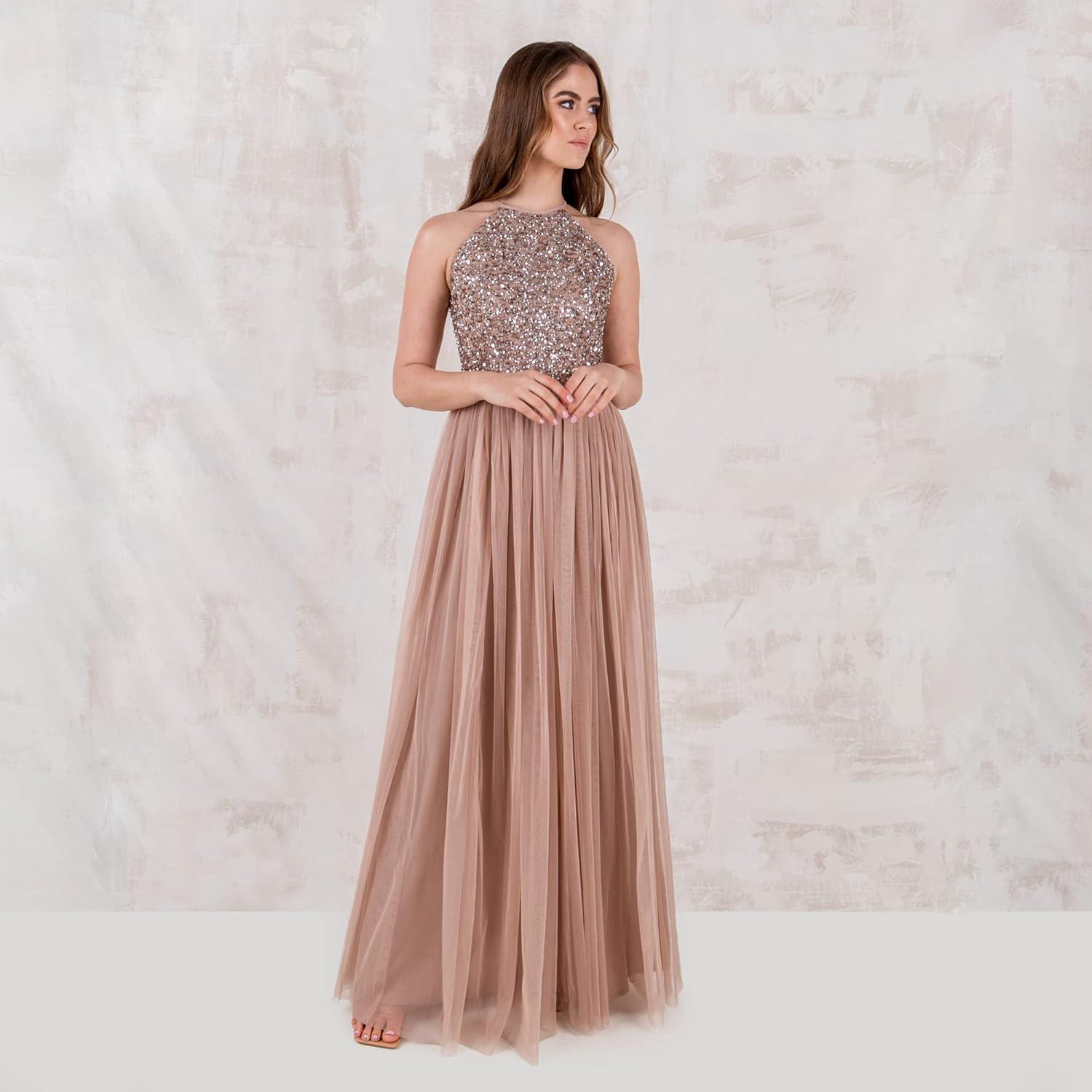 imageMaya Deluxe de Soire Femme Maxi Col Licou de Soire Paillettes Robe Longue Femme pour Bal de Promo MariageBlush Taupe