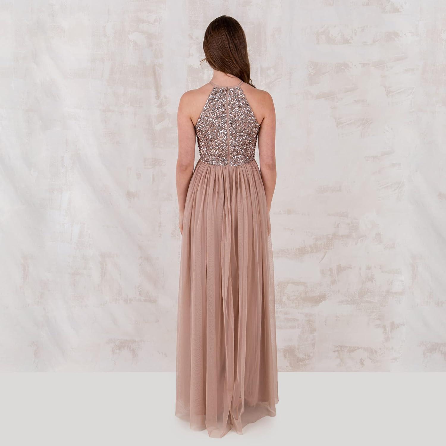 imageMaya Deluxe de Soire Femme Maxi Col Licou de Soire Paillettes Robe Longue Femme pour Bal de Promo MariageBlush Taupe