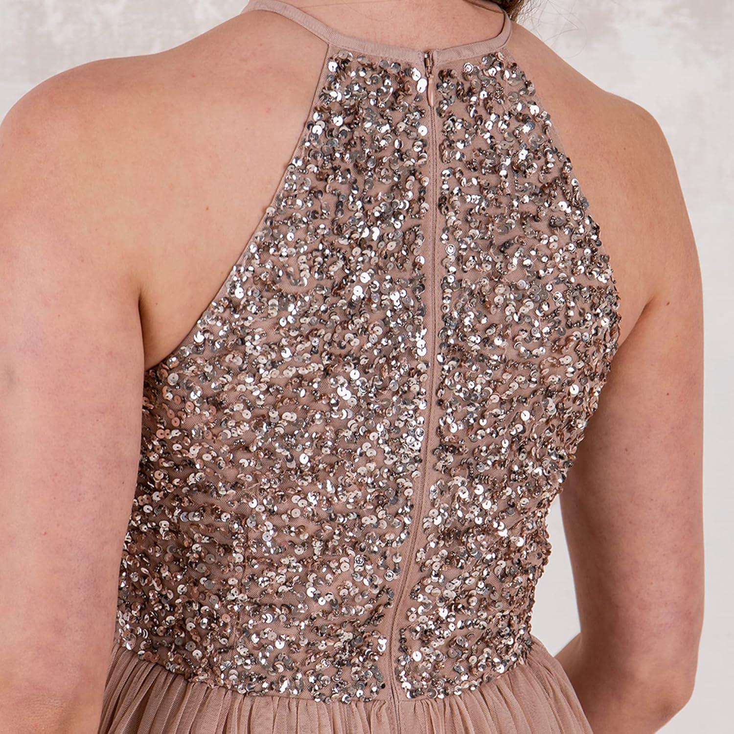 imageMaya Deluxe de Soire Femme Maxi Col Licou de Soire Paillettes Robe Longue Femme pour Bal de Promo MariageBlush Taupe