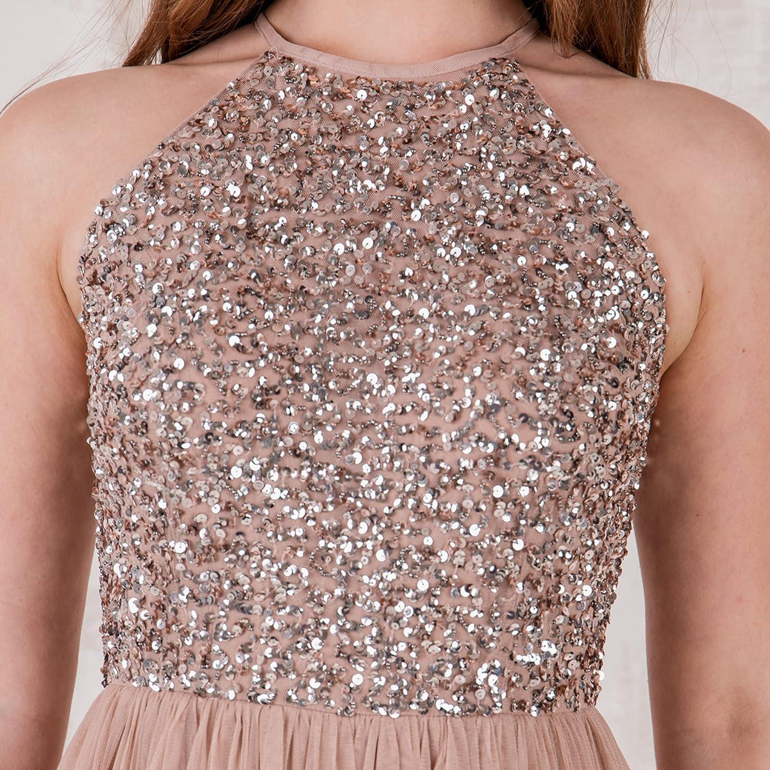 imageMaya Deluxe de Soire Femme Maxi Col Licou de Soire Paillettes Robe Longue Femme pour Bal de Promo MariageBlush Taupe