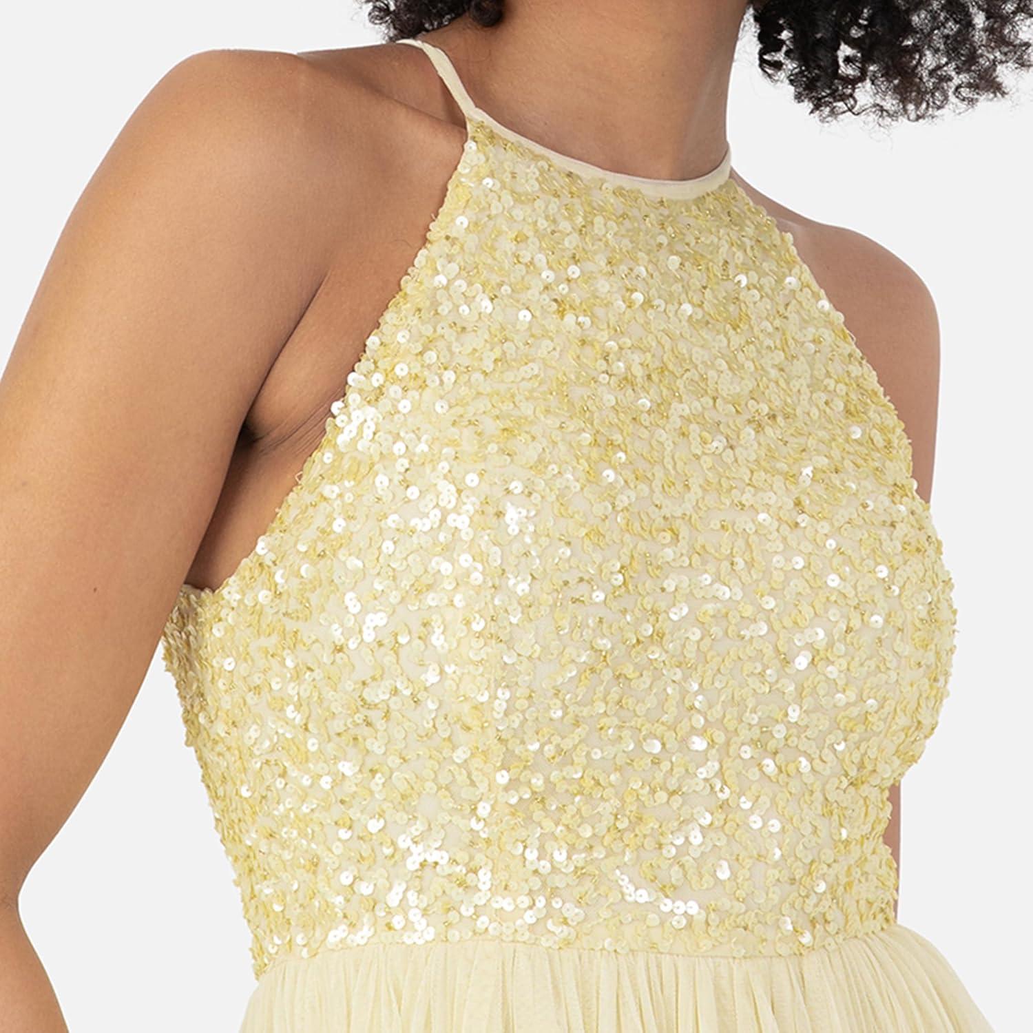 imageMaya Deluxe de Soire Femme Maxi Col Licou de Soire Paillettes Robe Longue Femme pour Bal de Promo MariageCitron