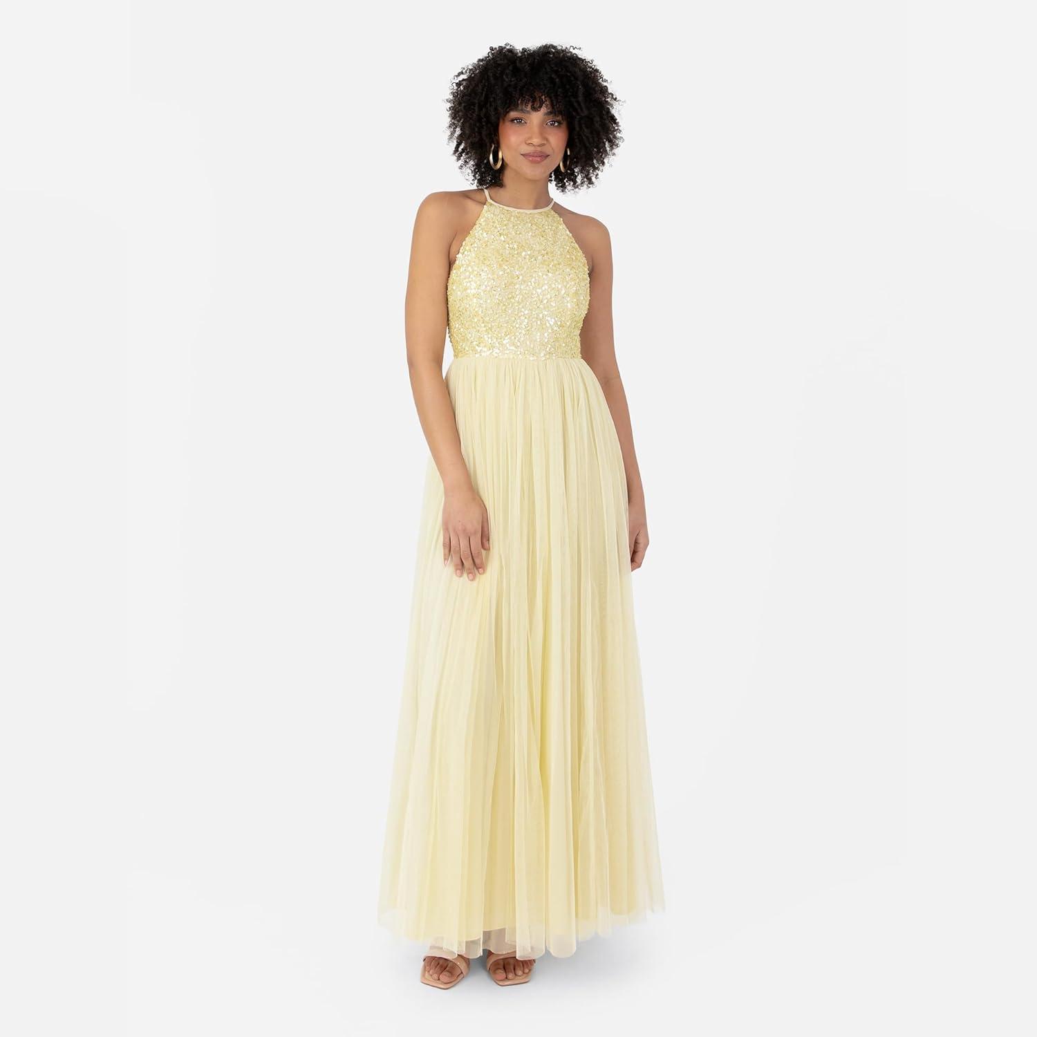 imageMaya Deluxe de Soire Femme Maxi Col Licou de Soire Paillettes Robe Longue Femme pour Bal de Promo MariageCitron