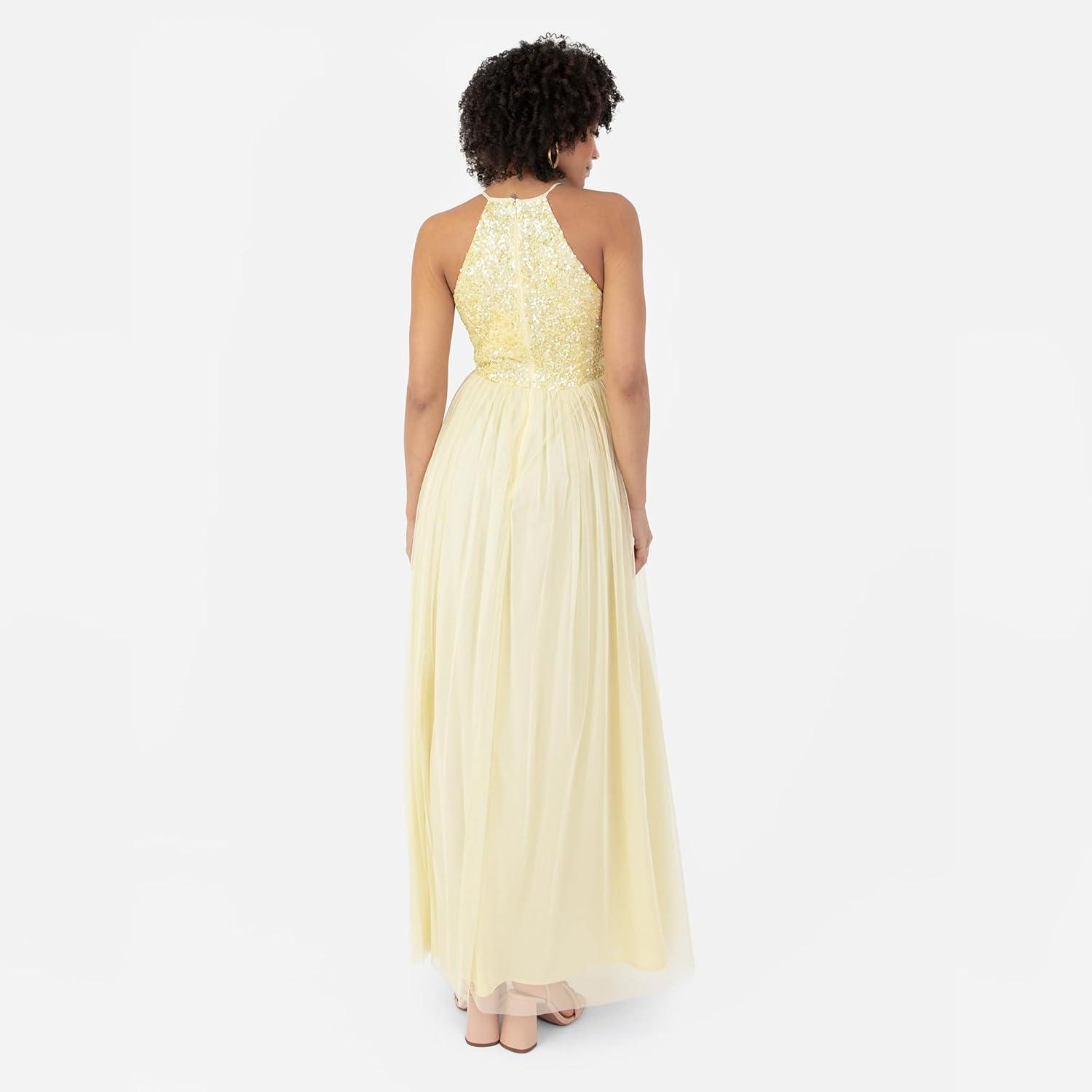 imageMaya Deluxe de Soire Femme Maxi Col Licou de Soire Paillettes Robe Longue Femme pour Bal de Promo MariageCitron